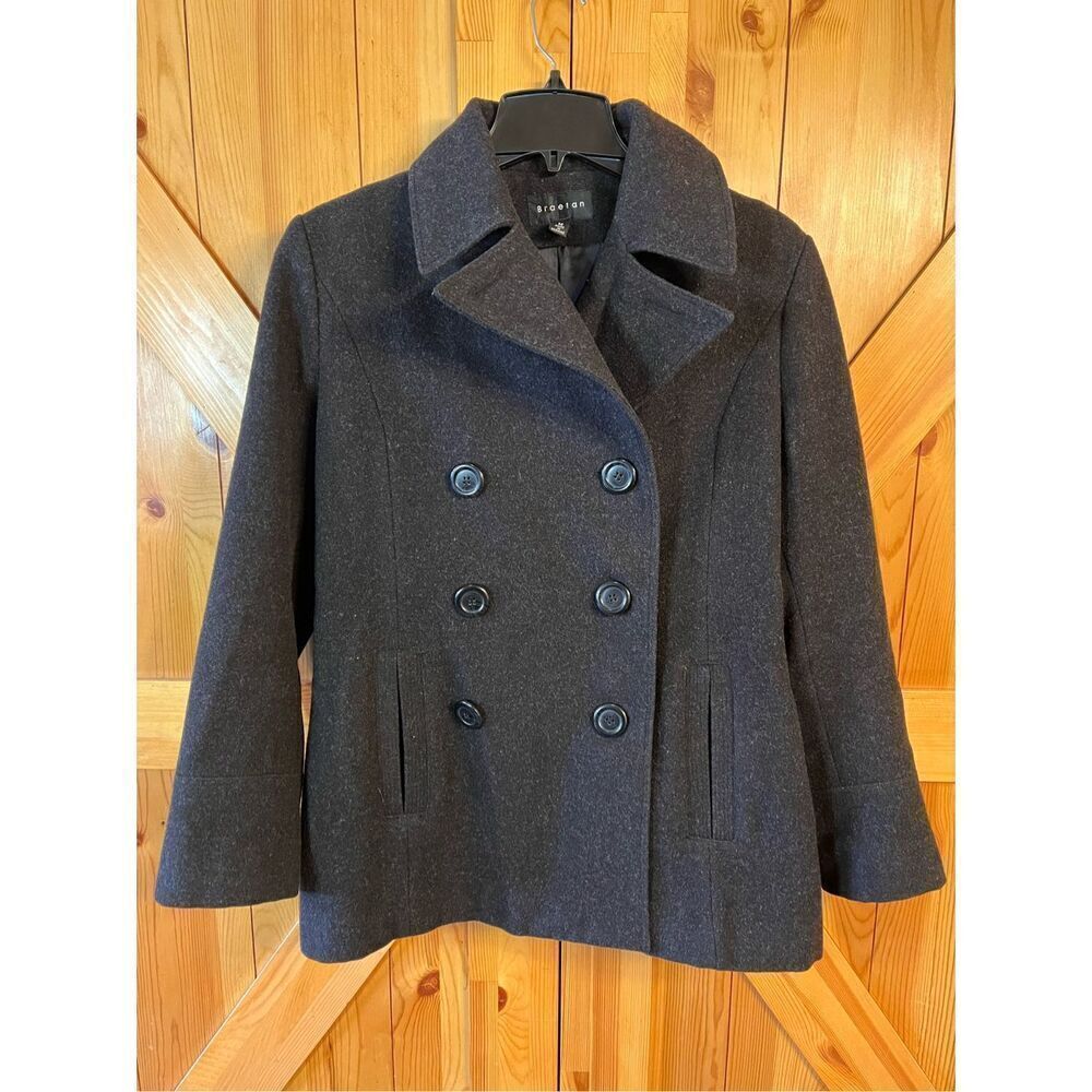 Braetan Women's Charcoal Gray 100% Wool Pea Coat